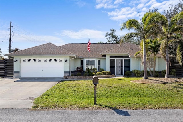 ranch-style house featuring a garage and a front lawn