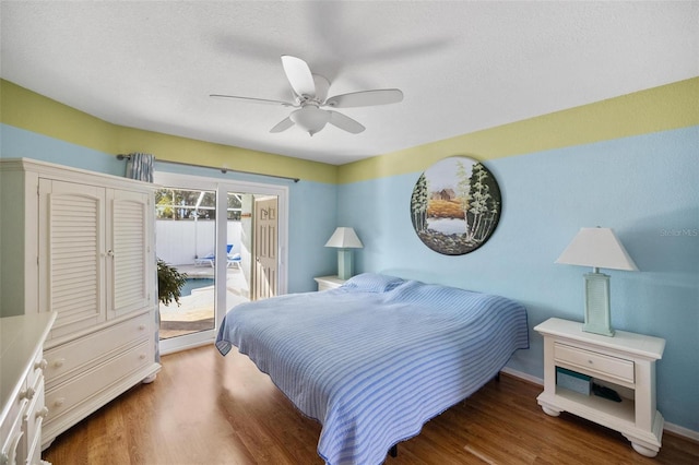 bedroom with wood-type flooring, access to outside, a textured ceiling, and ceiling fan