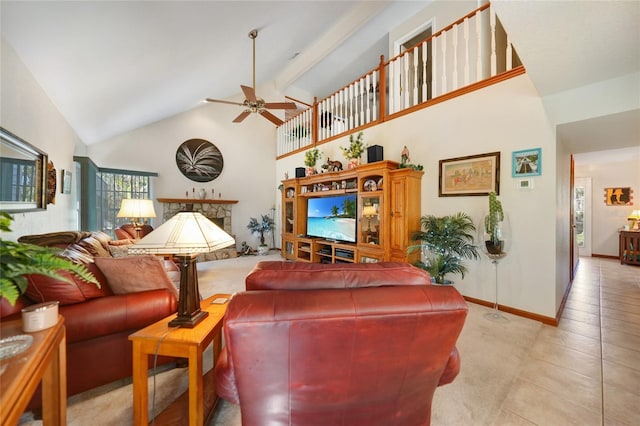 tiled living room featuring ceiling fan and high vaulted ceiling