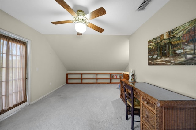 office with lofted ceiling, light colored carpet, and ceiling fan