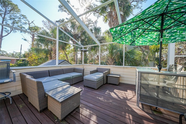 wooden deck with an outdoor living space