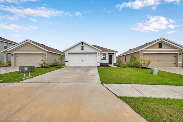 view of front facade with a garage, a front lawn, and stucco siding