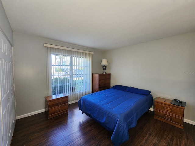 bedroom with dark wood-type flooring and a closet