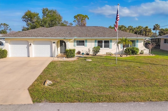 ranch-style home with a garage and a front yard