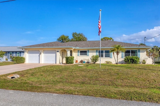 ranch-style home featuring a garage and a front yard