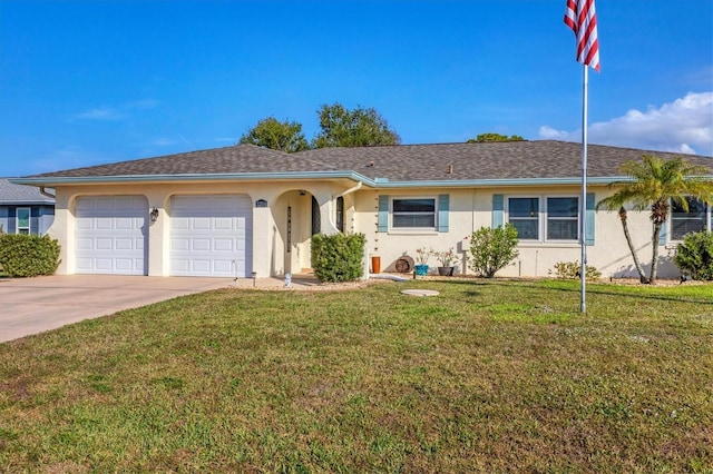 ranch-style house with a garage and a front yard