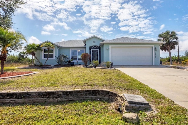 ranch-style house with a garage and a front lawn