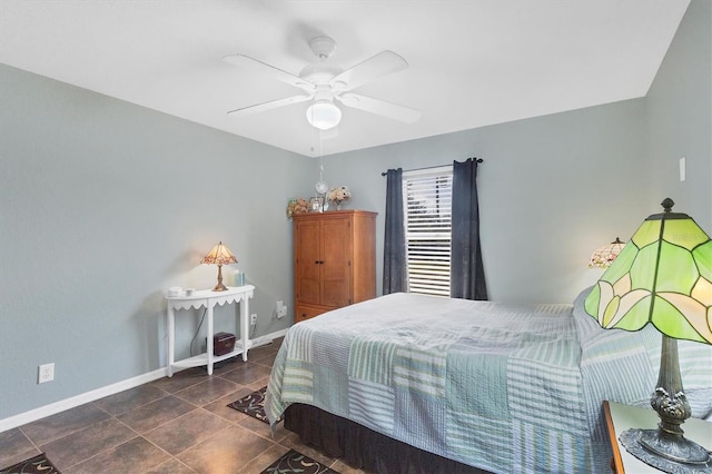 bedroom featuring ceiling fan and dark tile patterned floors