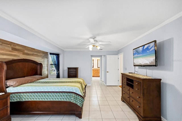 bedroom featuring light tile patterned floors, ensuite bathroom, ornamental molding, and a ceiling fan