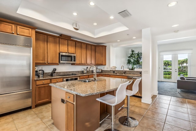 kitchen with sink, a tray ceiling, stainless steel appliances, and a center island with sink