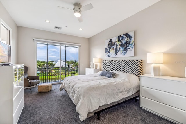 carpeted bedroom featuring ceiling fan and access to exterior