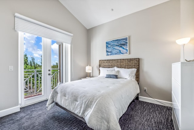 bedroom with access to outside, dark colored carpet, and vaulted ceiling