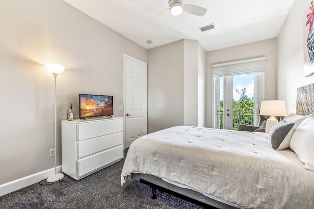 bedroom with ceiling fan, access to exterior, and dark carpet