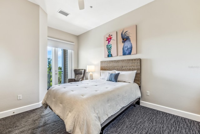 carpeted bedroom with access to outside and ceiling fan