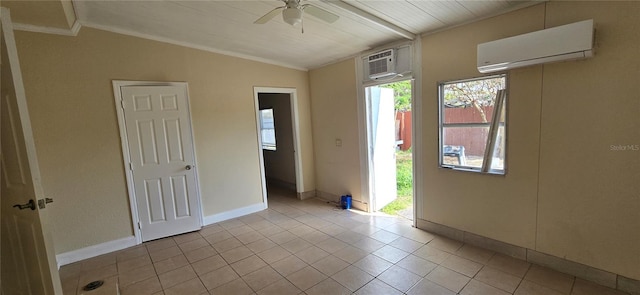 empty room with vaulted ceiling, ornamental molding, an AC wall unit, and ceiling fan