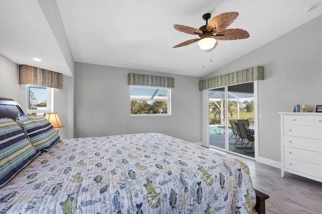 bedroom with access to exterior, vaulted ceiling, baseboards, and a ceiling fan