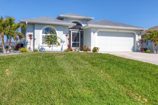 view of front facade with a garage, concrete driveway, roof with shingles, stucco siding, and a front yard