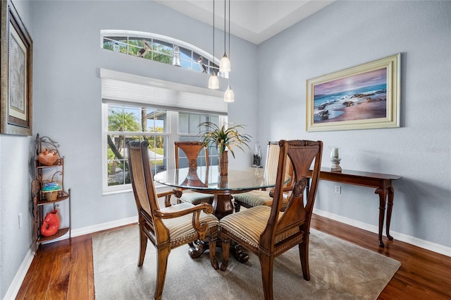 dining space with dark hardwood / wood-style flooring