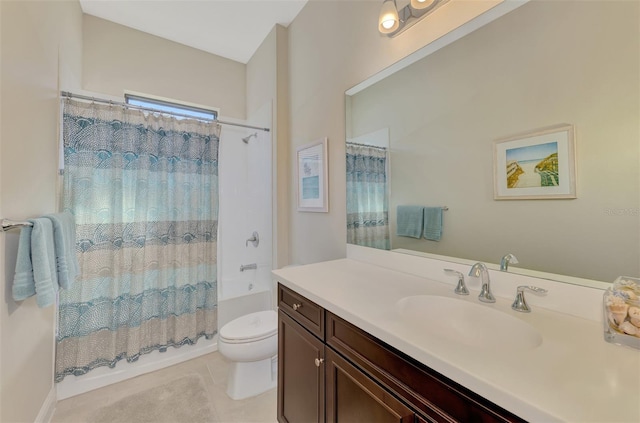 full bathroom with tile patterned flooring, vanity, toilet, and shower / bath combo with shower curtain