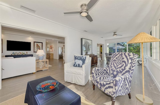 living room with ceiling fan and light wood-type flooring