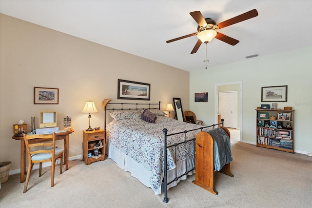 carpeted bedroom with ceiling fan