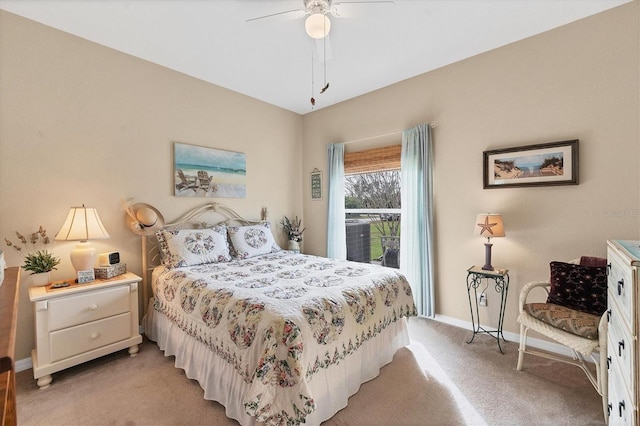 bedroom with light colored carpet and ceiling fan