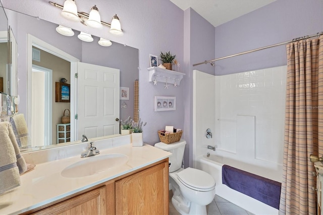 full bathroom featuring tile patterned flooring, vanity, shower / bath combination with curtain, and toilet