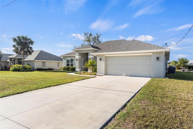 view of front of house featuring a garage, cooling unit, and a front lawn