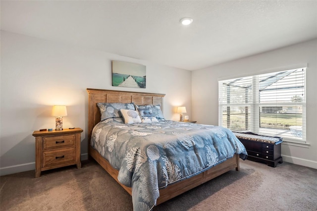 bedroom featuring dark colored carpet