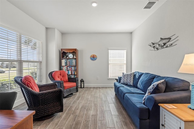 living room with hardwood / wood-style floors and plenty of natural light