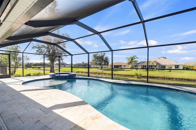 view of swimming pool with an in ground hot tub, a yard, a patio, and glass enclosure