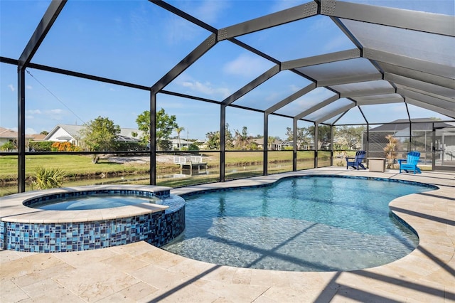 view of swimming pool featuring an in ground hot tub, a lanai, and a patio