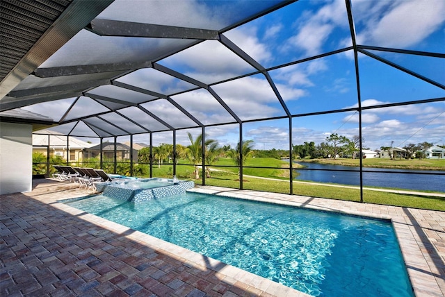 view of swimming pool with a water view, glass enclosure, a lawn, an in ground hot tub, and a patio