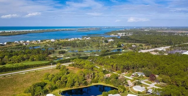 bird's eye view with a water view