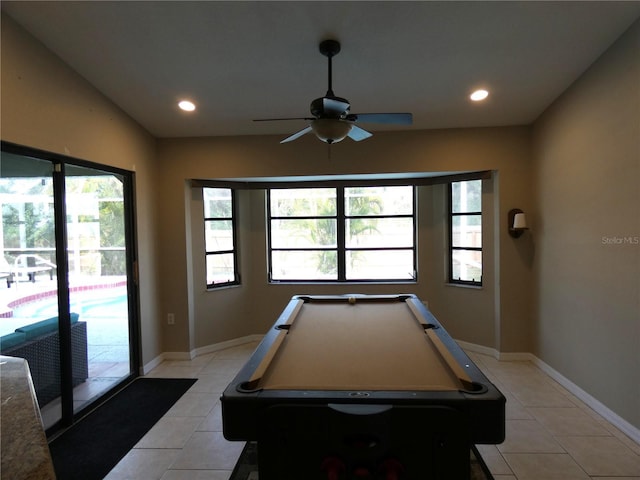 rec room with ceiling fan, billiards, and light tile patterned floors