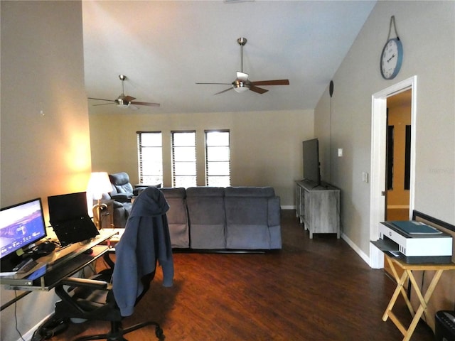 office space with dark wood-type flooring, vaulted ceiling, and ceiling fan