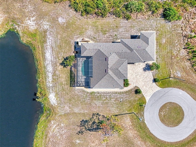 drone / aerial view featuring a water view