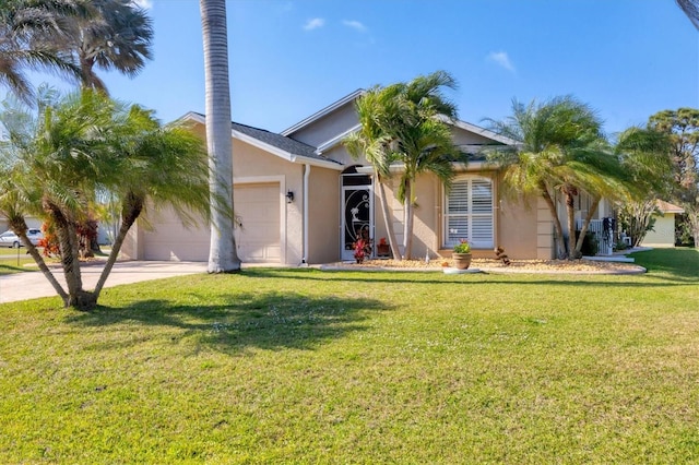 ranch-style home featuring a garage and a front lawn