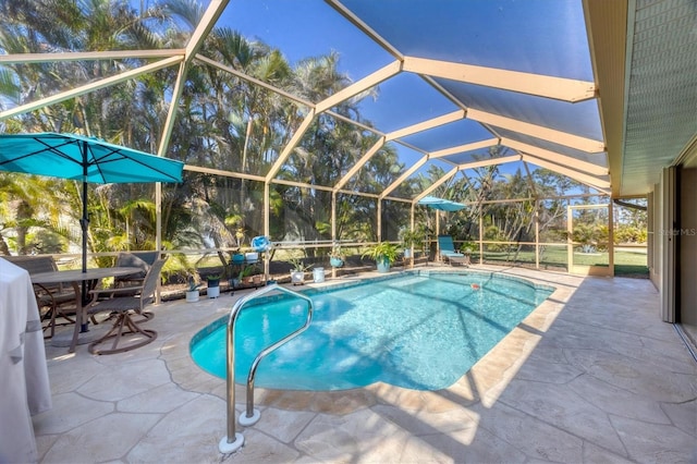 view of swimming pool with a lanai and a patio