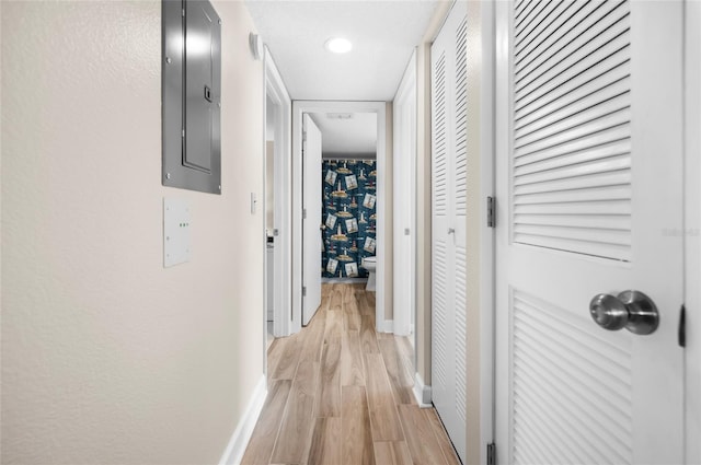 corridor with electric panel and light wood-type flooring