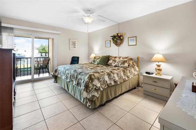 tiled bedroom with access to outside and ceiling fan