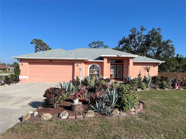 view of front of property with a garage and a front lawn