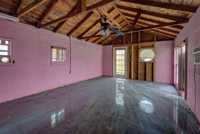 interior space featuring lofted ceiling with beams and wood ceiling