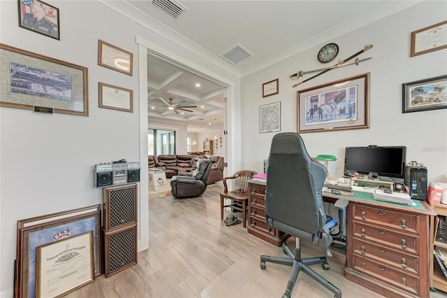 home office featuring beam ceiling, ceiling fan, light hardwood / wood-style floors, coffered ceiling, and ornamental molding