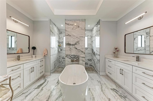 bathroom featuring ornamental molding, vanity, and independent shower and bath