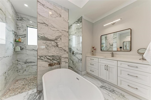 bathroom featuring shower with separate bathtub, crown molding, and vanity