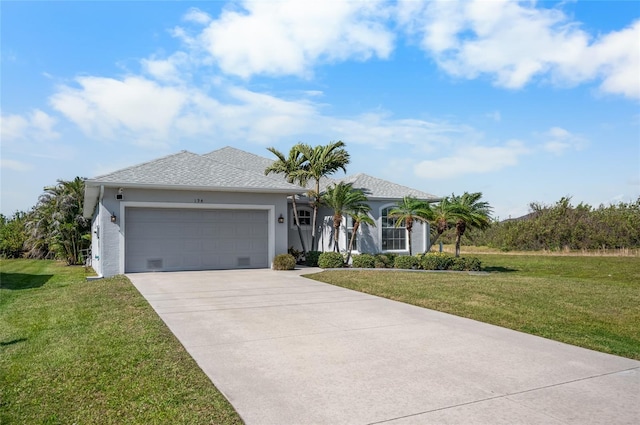 ranch-style house featuring a garage and a front lawn