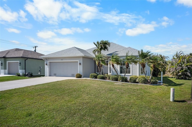 view of front of property with a garage and a front lawn