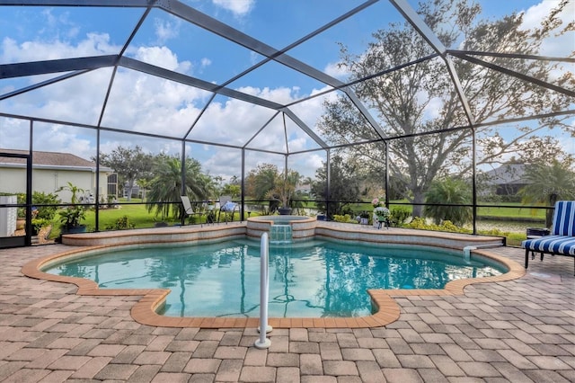 view of pool with a lanai and a patio