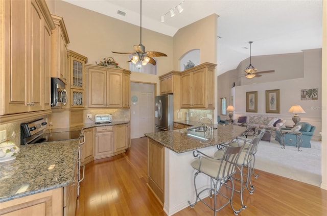 kitchen with a breakfast bar, a sink, stainless steel appliances, and dark stone countertops